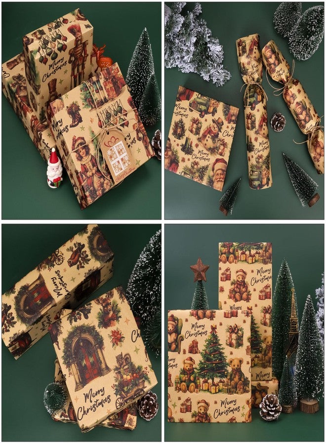 Rancco Vintage Christmas Wrapping Paper, kraft Wrapping Paper for Holiday New Year, Xmas Wrap Paper with Nutcracker, Santa Claus, Bear, Truck, Country Scene Designs - 4PC, 19.69''X27.56'' - Image 4